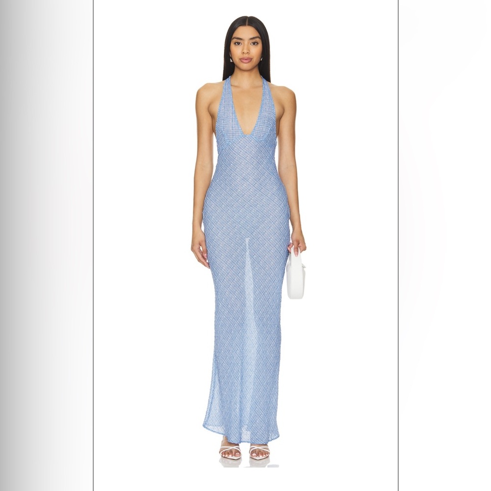 LIONESS semi sheer light blue halter maxi dress